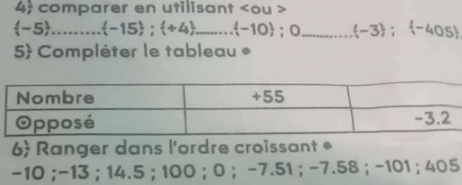 4 comparer en utilisant 1>
 -5 _  -15 ; +4 _  -10 ;0 _ (-3);(-405)
5 Compléter le tableau * 
6 Ranger dans l'ordre croissant •
-10; -13; 14.5; 100; 0 ； -7.51; -7.58; -101; 405