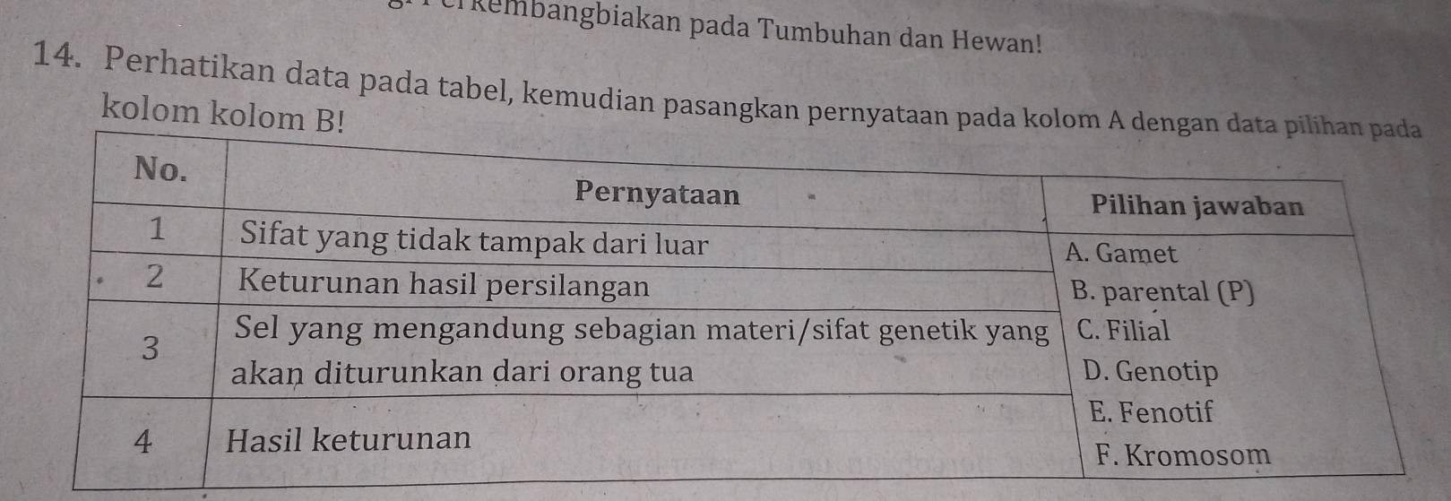 Cr kembangbiakan pada Tumbuhan dan Hewan! 
14. Perhatikan data pada tabel, kemudian pasangkan pernyataan pada kolom A de 
kolom kolom B!