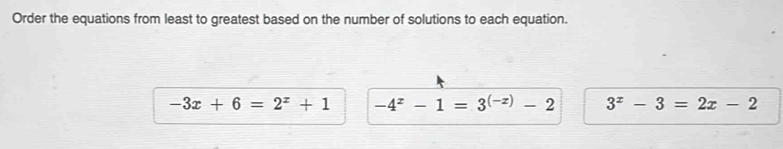 Order the equations from least to greatest based on the number of solutions to each equation.
-3x+6=2^x+1 -4^x-1=3^((-x))-2 3^x-3=2x-2