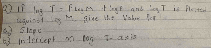 If log T=plog M+log t and log T is Plolted 
against log M ,give the Value for 
a slope 
by intercept on log T-axis