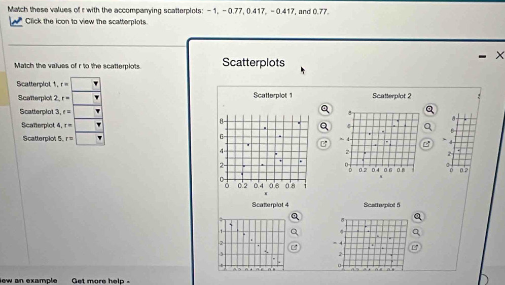 Match these values of r with the accompanying scatterplots: - 1, - 0.77, 0.417, -0.417, and 0.77. 
Click the icon to view the scatterplots. 
X 
Match the values of r to the scatterplots. 
Scatterplots 
Scatterplot 1, r=
Scatterplot 2, r= Scatterplot 1 Scatterplot 2
Scatterplot 3, r=
B 
Scatterplot 4, r=
6 
Scatterplot 5, r=
、 4
2 - '
0
0 0.2
Scatterplot 4 Scatterplot 5
0
8
1
6. 4
2 .
3
2
A
0
n , A D n 3 ^e Au
iew an example Get more help -