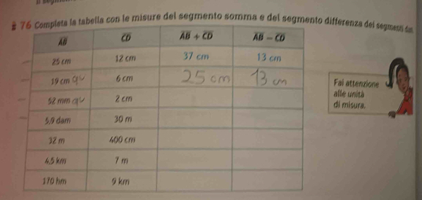 la con le misure del segmento somma e del segmedifferenza del segmentó dóa
Fai attenzione
alle unità
di misura.