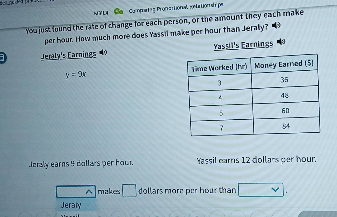 deo_guided_practices 
M3|L4 Comparing Proportional Relationships 
You just found the rate of change for each person, or the amount they each make 
per hour. How much more does Yassil make per hour than Jeraly? ) 
Jeraly's Earnings Yassil's Earnings D
y=9x
Jeraly earns 9 dollars per hour. Yassil earns 12 dollars per hour. 
^ makes dollars more per hour than 
Jeraly