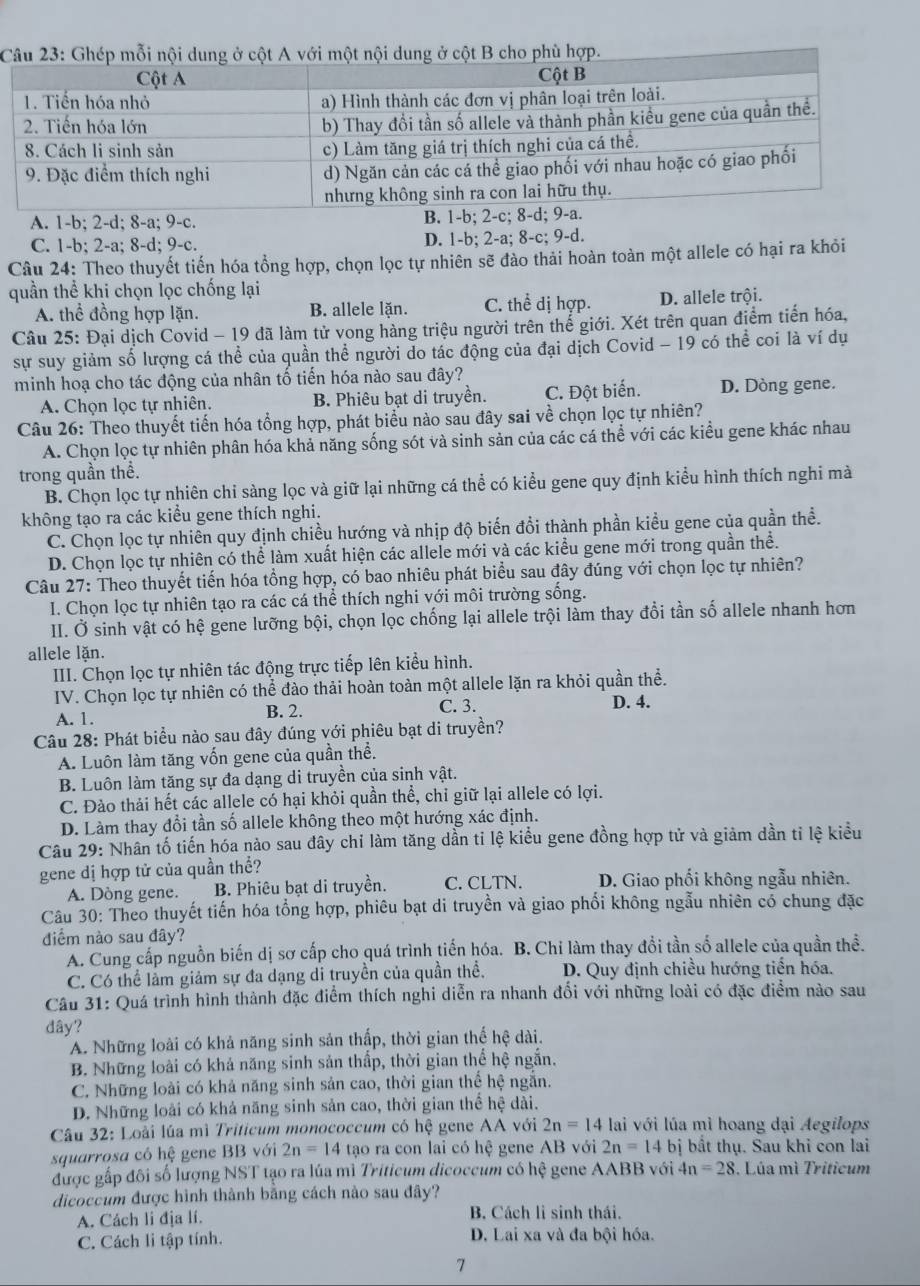 A. 1-b; 2-d; 8-a; 9-c.
C. 1-b; 2-a; 8-d; 9-c. D. 1-b; 2-a; 8-c; 9-d.
Câu 24: Theo thuyết tiến hóa tồng hợp, chọn lọc tự nhiên sẽ đào thải hoàn toàn một allele có hại ra khỏi
quần thể khi chọn lọc chống lại
A. thể đồng hợp lặn. B. allele lặn. C. thể dị hợp. D. allele trội.
Câu 25: Đại dịch Covid - 19 đã làm tử vong hàng triệu người trên thể giới. Xét trên quan điểm tiến hóa,
sự suy giảm số lượng cá thể của quần thể người do tác động của đại dịch Covid - 19 có thể coi là ví dụ
minh hoạ cho tác động của nhân tố tiến hóa nào sau đây?
A. Chọn lọc tự nhiên. B. Phiêu bạt di truyền. C. Đột biến. D. Dòng gene.
Câu 26: Theo thuyết tiến hóa tổng hợp, phát biểu nào sau đây sai về chọn lọc tự nhiên?
A. Chọn lọc tự nhiên phân hóa khả năng sống sót và sinh sản của các cá thể với các kiểu gene khác nhau
trong quần thể.
B. Chọn lọc tự nhiên chi sàng lọc và giữ lại những cá thể có kiểu gene quy định kiểu hình thích nghi mà
không tạo ra các kiểu gene thích nghi.
C. Chọn lọc tự nhiên quy định chiều hướng và nhịp độ biến đổi thành phần kiều gene của quần thể.
D. Chọn lọc tự nhiên có thể làm xuất hiện các allele mới và các kiểu gene mới trong quần thể.
Câu 27: Theo thuyết tiến hóa tổng hợp, có bao nhiêu phát biểu sau đây đúng với chọn lọc tự nhiên?
I. Chọn lọc tự nhiên tạo ra các cá thể thích nghi với môi trường sống.
II. Ở sinh vật có hệ gene lưỡng bội, chọn lọc chống lại allele trội làm thay đổi tần số allele nhanh hơn
allele lặn.
III. Chọn lọc tự nhiên tác động trực tiếp lên kiểu hình.
IV. Chọn lọc tự nhiên có thể đào thải hoàn toàn một allele lặn ra khỏi quần thể.
A. 1. B. 2. C. 3. D. 4.
Câu 28: Phát biểu nào sau đây đúng với phiêu bạt di truyền?
A. Luôn làm tăng vốn gene của quần thể.
B. Luôn làm tăng sự đa dạng di truyền của sinh vật.
C. Đào thải hết các allele có hại khỏi quần thể, chỉ giữ lại allele có lợi.
D. Làm thay đổi tần số allele không theo một hướng xác định.
Câu 29: Nhân tố tiến hóa nào sau đây chỉ làm tăng dần tỉ lệ kiểu gene đồng hợp tử và giảm dần tỉ lệ kiểu
gene dị hợp tử của quần thể?
A. Dòng gene. B. Phiêu bạt di truyền. C. CLTN. D. Giao phối không ngẫu nhiên.
Câu 30: Theo thuyết tiến hóa tổng hợp, phiêu bạt di truyền và giao phối không ngẫu nhiên có chung đặc
đdiểm nào sau đây?
A. Cung cấp nguồn biến dị sơ cấp cho quá trình tiến hóa. B. Chi làm thay đổi tần số allele của quần thể.
C. Có thể làm giảm sự đa dạng di truyền của quần thể.  D. Quy định chiều hướng tiến hóa.
Câu 31: Quá trình hình thành đặc điểm thích nghi diễn ra nhanh đổi với những loài có đặc điểm nào sau
dây?
A. Những loài có khả năng sinh sản thấp, thời gian thế hệ dài.
B. Những loài có khả năng sinh sản thấp, thời gian thể hệ ngắn.
C. Những loài có khả năng sinh sản cao, thời gian thể hệ ngắn.
D. Những loài có khả năng sinh sản cao, thời gian thể hệ dài.
Câu 32: Loài lúa mì Triticum monococcum có hệ gene AA với 2n=14 lai với lúa mì hoang dại Aegilops
squarrosa có hệ gene BB với 2n=14 tạo ra con lai có hệ gene AB với 2n=14 bị bất thụ. Sau khi con lai
được gấp đôi số lượng NST tạo ra lúa mì Triticum dicoccum có hệ gene AABB với 4n=28. Lúa mì Triticum
dicoccum được hình thành bằng cách nào sau đây?
A. Cách li địa lí. B. Cách li sinh thái.
C. Cách li tập tính. D. Lai xa và đa bội hóa.
7