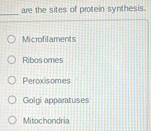 are the sites of protein synthesis.
Microfilaments
Ribos omes
Peroxisomes
Golgi apparatuses
Mitochondria