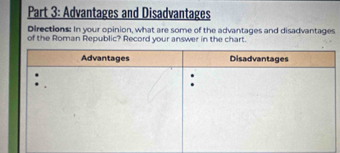 Advantages and Disadvantages 
Directions: In your opinion, what are some of the advantages and disadvantages 
of the Roman Republic? Record your answer in the chart.