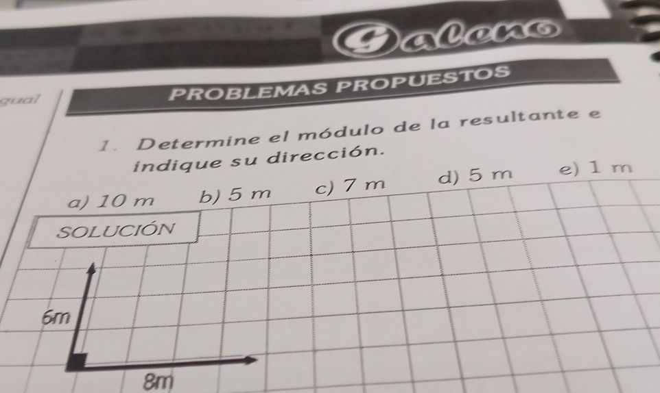 Galens
gual ROBLEMAS P ROPUESTOS
P 
1. Determine el módulo de la resultante e
indique su dirección.
a) 10 m b) 5 m c) 7 m d) 5 m e) 1 m
SOLUCIÓN
6m
8m