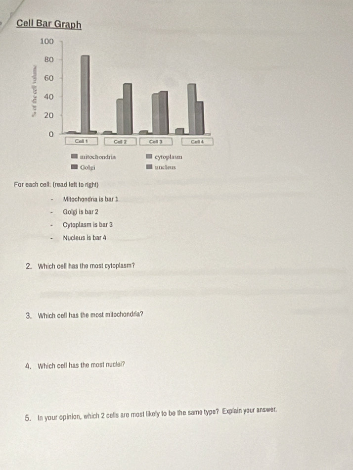 For each cell: (read left to right) 
Mitochondria is bar 1
Golgi is bar 2
Cytoplasm is bar 3
Nucleus is bar 4
2. Which cell has the most cytoplasm? 
3. Which cell has the most mitochondria? 
4. Which cell has the most nuclei? 
5. In your opinion, which 2 cells are most likely to be the same type? Explain your answer.