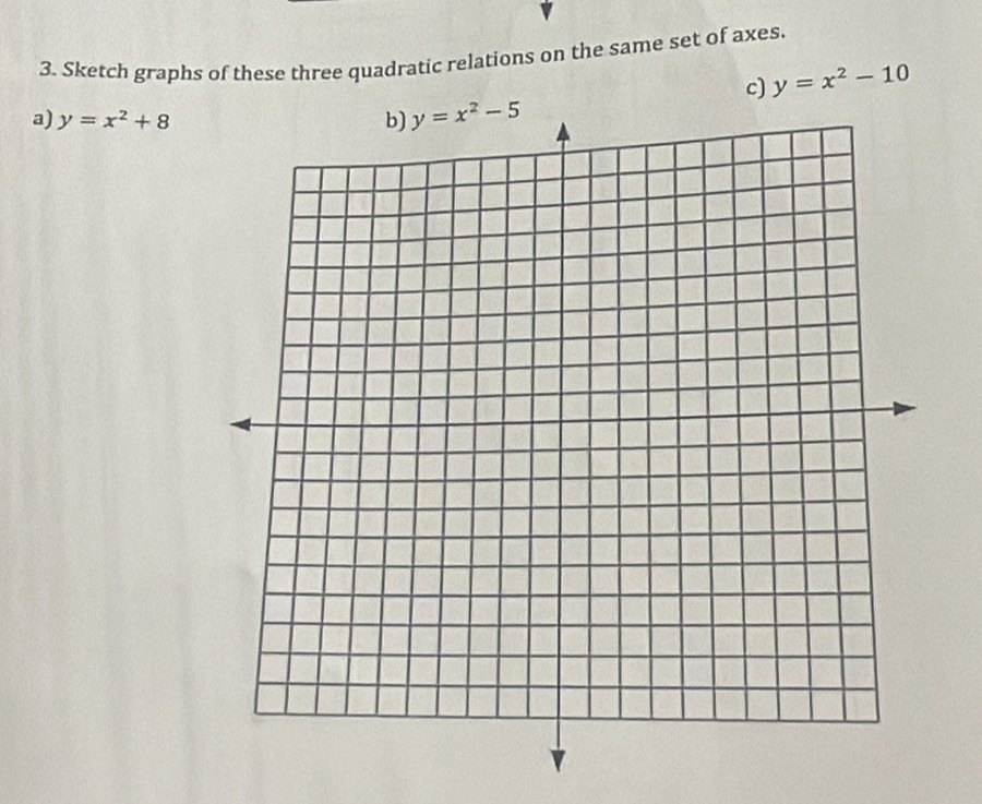 Sketch graphs of these three quadratic relations on the same set of axes.
c) y=x^2-10
a) y=x^2+8