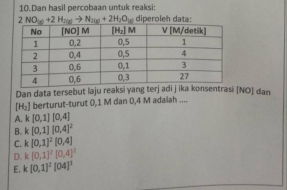 Dan hasil percobaan untuk reaksi:
2NO_(g)+2H_2(g)to N_2(g)+2H_2O_(g) diperoleh data:
Dan data tersebut laju reaksi yang tertrasi [NO] dan
[H_2] berturut-turut 0,1 M dan 0,4 M adalah ....
A. k[0,1][0,4]
B. k[0,1][0,4]^2
C. k[0,1]^2[0,4]
D. k[0,1]^2[0,4]^2
E. k[0,1]^2[04]^3