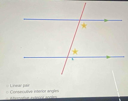 Linear pair
Consecutive interior angles
Alternative exterior angles