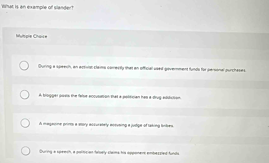 Solved: What is an example of slander? Multiple Choice During a speech ...