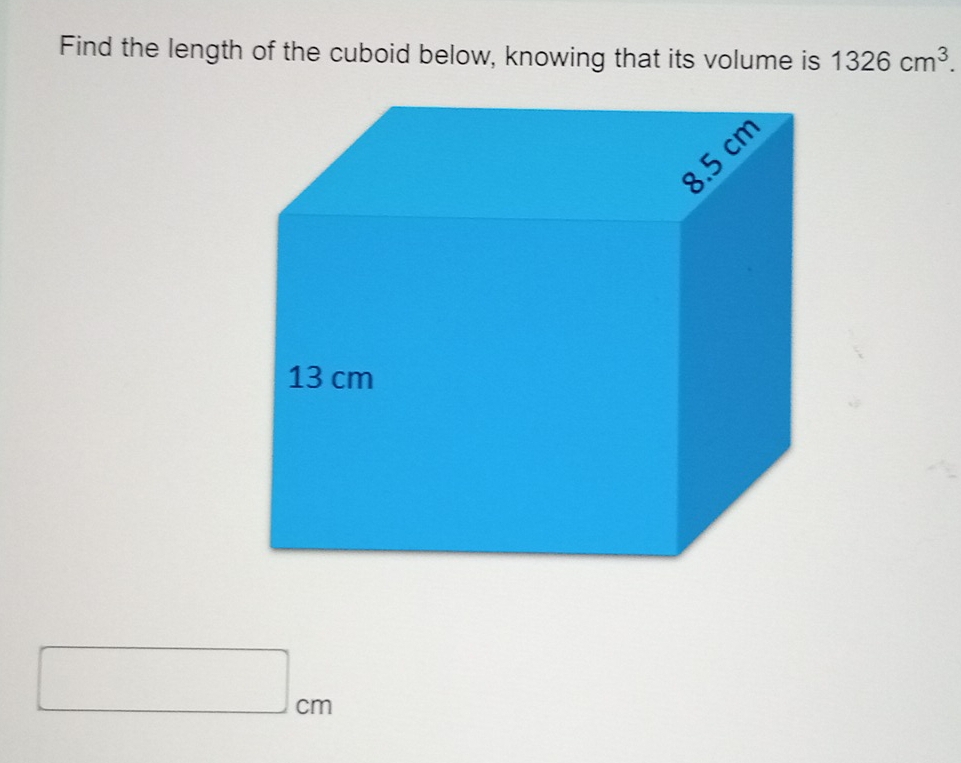 Find the length of the cuboid below, knowing that its volume is 1326cm^3. 
_ cm