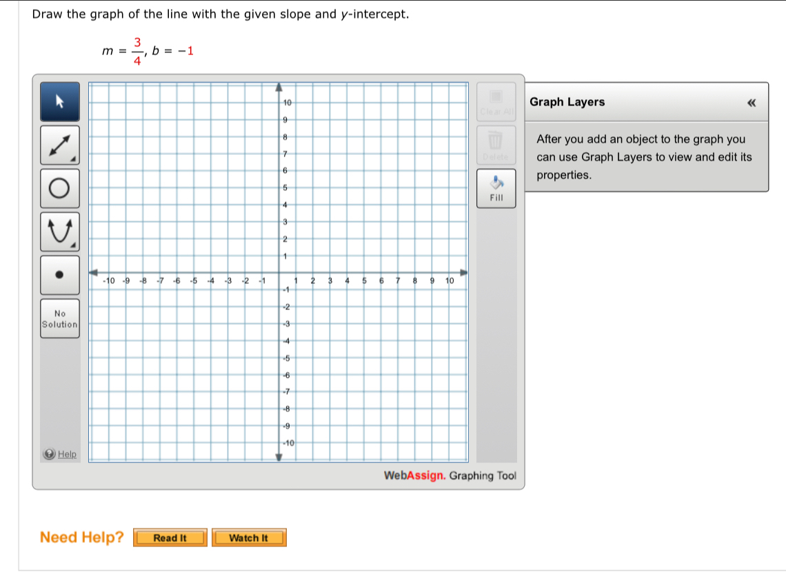 Draw the graph of the line with the given slope and y-intercept.
m= 3/4 , b=-1
Graph Layers 《 
After you add an object to the graph you 
can use Graph Layers to view and edit its 
properties. 
Fill 
No 
Solutio 
Help 
g Tool 
Need Help? Read It Watch It