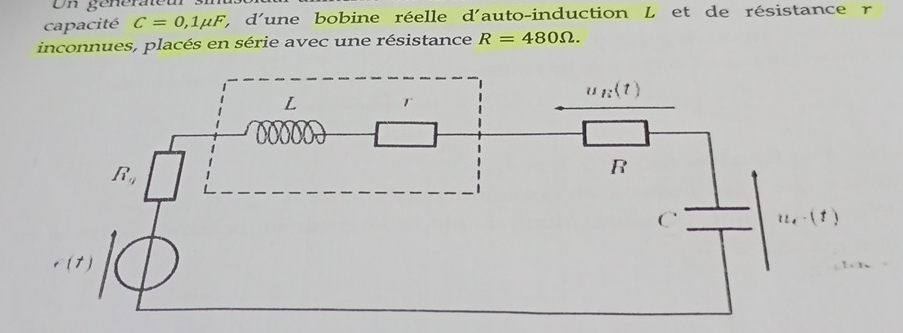 Un génératet
capacité C=0,1mu F L, d'une bobine réelle d'auto-induction L et de résistance r
inconnues, placés en série avec une résistance R=480Omega .