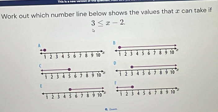 This is a new version of the qu 
Work out which number line below shows the values that x can take if
3≤ x-2. 
Q Zeem