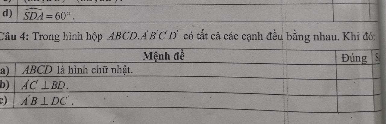 widehat SDA=60°.
Câu 4: Trong hình hộp ABCD.A BC D có tất cả các cạnh đều bằng nhau. Khi đó:
a
b
c