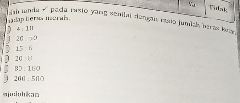 Ya Tidak
adap beras merah. ilah tanda pada rasio yang senilai dengan rasio jumlah beras ketan
4:10
20.50
15:6
20:8
80:180
200:500
njodohkan