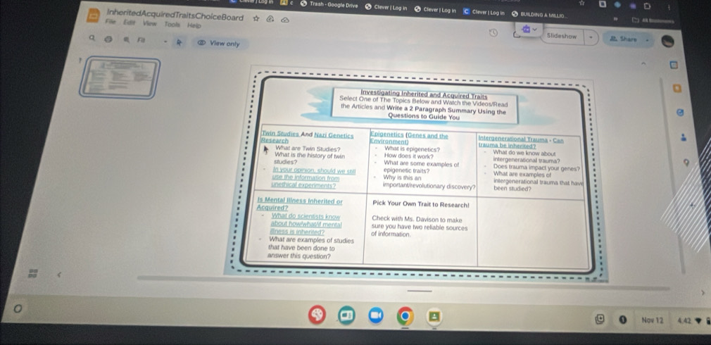 ( Trash - Googte Drive # Clever | Log in Clever | Log in C Ciever | Log in S bUildng a MILLio 
InheritedAcquiredTraitsCholceBoard ☆ @ 
File Edit View Tools Help Share 
Slideshow 
Q F D View only 
Investigating Inherited and Acquired Traits 
Select One of The Topics Below and Watch the Videos/Read 
the Articies and Write a 2 Paragraph Summary Using the 
Questions to Guide You 
Twin Studies And Nazi Genetics Environment) Epigenetics (Genes and the Intergenerational Trauma - Can 
trauma be inherited? 
Research What are Twin Studies? What is epigenetics? How does it work? What do we know about . 
What is the history of twin intergenerational trauma? 
studies? What are some examples of Does trauma impact your genes? 
In your opinion, should we still epigenetic traits? Why is this an What are examples of intergenerational trauma that haw 
use the information from 
unethical experments? important/revolutionary discovery? been studied? 
Is Mental Iliness Inherited or Pick Your Own Trait to Research! 
Acquired? 
What do scientists know Check with Ms. Davison to make 
about how/what/if mental sure you have two reliable sources 
illness is inherited? of information 
What are examples of studies 
that have been done to 
answer this question? 
Nov 12 4.42