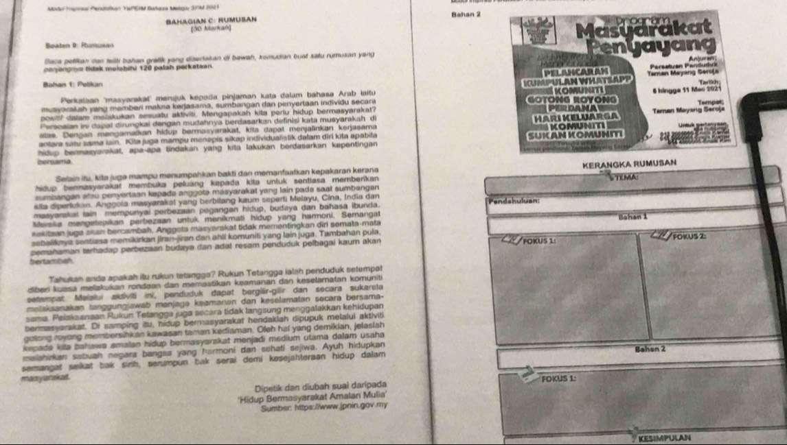 Modor Manea Persdcen VaPEA Bahasa Metea SPA 202 
BAHAGIAN C: RUMUSAN Bahan 2
[30 Markah]
Masyarakat
Soaten D: Rümusan
Saca petikan dan feilti bahan gratik yong disertakan di bawah, kwmudian buat satu rumusan yang
magangma ticak meiebihi 120 palah perkataan. Penyayang
PELAnCARAN  Persetuán Perdüdrk
Bahan 1: Petikan Tarlih;
Perkalaan 'masyarskat' merujuk kepada pinjaman kata dalam bahasa Arab laitu KUMPUL AN WHATSAPP Teman Mayang Seroja
musyaraiah yang mambari makna kerjasama, sumbangan dan penyertaan individu secara GOTÔNG ROYÔNG  KOMUNITI 6 hingge 11 Mec 2021
posinf dalam metakukan sesuatu aktivili. Mengapakah kita perlu hidup bermasyarakat? edana Teman Mayang Seroja Tempes
Persoaian in dapal dirungkai dangan mudahnya berdasarkan definişi kata musyarakah di
atas. Dengan mengamalkan hidup bermasyarakat, kita dapat menjalinkan kerjasama HARI KELUARGA
antara satu sama lain. 1ita juga mampu menepis sikap individualistik dalam dirí kita apabila KOMUNITI
hidup bermasyarakat, apa-apa lindakan yang kita lakukan bordasarkan kepentingan SUKAN KOMUNITI
borsama.
Selain itu, kita jugə mampu menumpahkan bakti dan memanfaatkan kepakaran kerana
hidup bennasyarakat membuka peluang kepada kita untuk sentiasa memberikan KERANGKA RUMUSAN
sumbangan alau penyertaan kepada anggota masyarakat yang lain pada saat sumbangan STEMA:
ella diperkukan. Anggola masyarakal yang berbilang kaum seperti Melayu, Cina, India dan Pendahuluan:
masyarakat lain mempunyai perbezaan pegangan hidup, budaya dan bahasa ibunda.
Merska mengetepikan perbezaan untuk menikmati hidup yang harmoni, Semangat
kakitaan juga akan bercambah. Anggota masyarakat tidak mementingkan diri semata-mata Bahan 1
sebalikaya sentiasa memikirkan jiran-jiran dan ahli komuniti yang lain juga. Tambahan pula,
pemahaman terhadap perbezaan budaya dan adat resam penduduk pelbagai kaum akan FOKUS 1:  FOKUS 2:
bertambah.
Tahukah anda apakah itu rukun tetangga? Rukun Tetangga ialah penduduk setempat
diben kuasa melakukan rondaan dan memastikan kęamanan dan keselamatan komuniti
setempat Meialui akdiviti ini, penduduk dapat bergilär-gilir dan secara sukarela
melaksanakan tanggungjawab manjaga keamanen dan keselamatan secara bersama.
sama. Pelaksanaan Rukun Tetangga juga secara tidak langsung menggalakkan kehidupan
bermasyarakat. Di samping itu, hidup bermasyarakat hendakiah dipupuk melalui aktiviti
golong ryong membersihkan kawasan taman kediaman. Oleh hai yang demikian, jelaslah
kepade kite bahawa amalan hidup bermasyarakat menjadi medium utama dalam usaha
maiahirkan sabuah negara bangsa yang hormoni dan sehati sejiwa. Ayuh hidupkan Bahan 2
semangat sekat bak sinh, serumpun bak serai demi kesejahteraan hidup dalam
may ar aked.
Dipetik dan diubah suai daripada FOKUS 1:
'Hidup Bermasyarakat Amalan Mulia'
Sumber: https:/www.jpnin.gov.my
KESIMPULAN