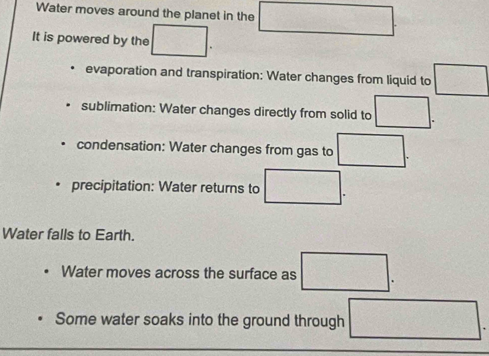 Water moves around the planet in the □ . 
It is powered by the □. 
evaporation and transpiration: Water changes from liquid to □
sublimation: Water changes directly from solid to □. 
condensation: Water changes from gas to □. 
precipitation: Water returns to □. 
Water falls to Earth. 
Water moves across the surface as □. 
Some water soaks into the ground through □.