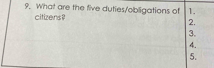 What are the five duties/obligations of 1.
citizens?
2.
3.
4.
5.