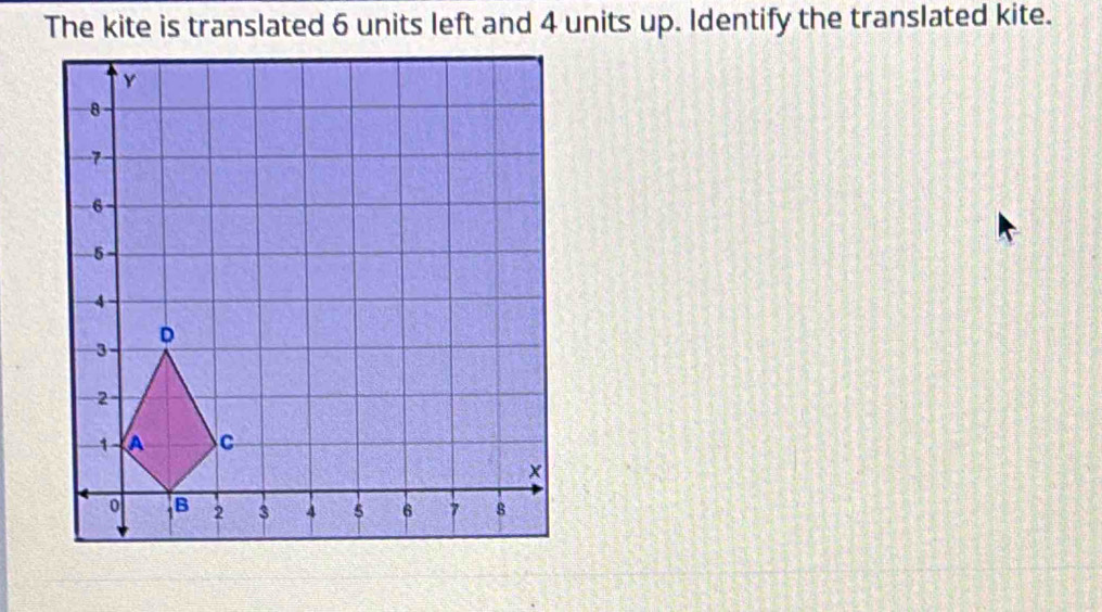 The kite is translated 6 units left and 4 units up. Identify the translated kite.