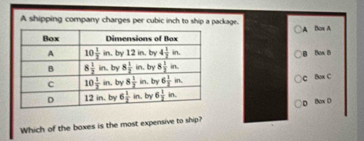 A shipping company charges per cubic inch to ship a package.
A Box A
B Box B
C Bax C
D Box D
Which of the boxes is the most expensive to ship?