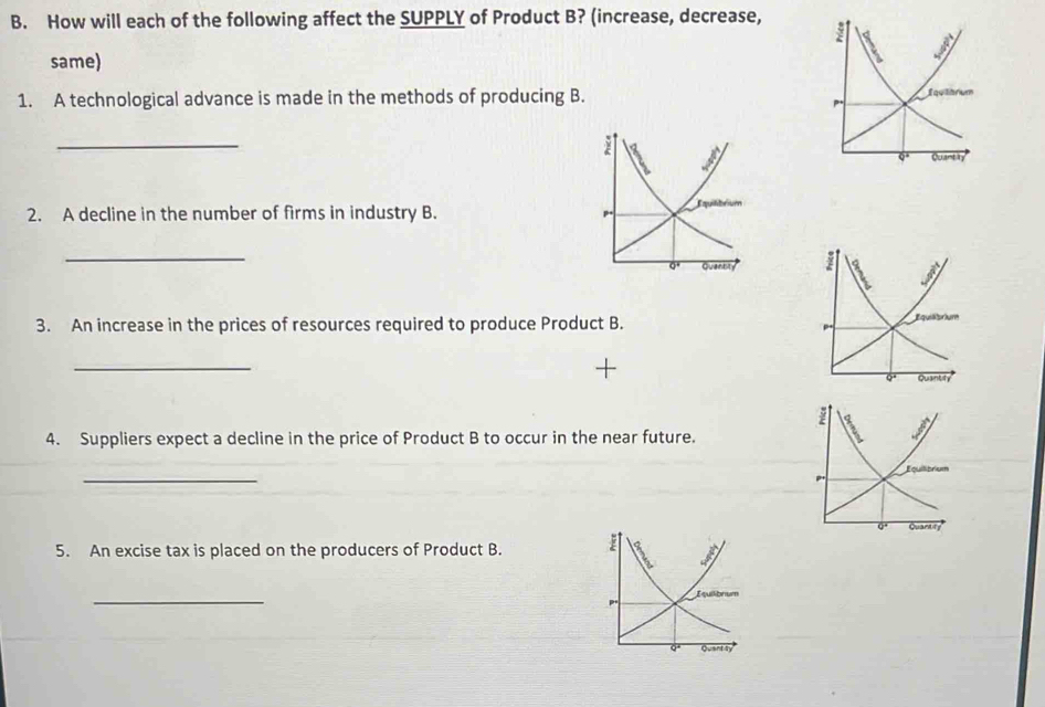 How will each of the following affect the SUPPLY of Product B? (increase, decrease,
same)
1. A technological advance is made in the methods of producing B. 
_
2. A decline in the number of firms in industry B. 
_
3. An increase in the prices of resources required to produce Product B.
_
4. Suppliers expect a decline in the price of Product B to occur in the near future. 
_
5. An excise tax is placed on the producers of Product B.
_