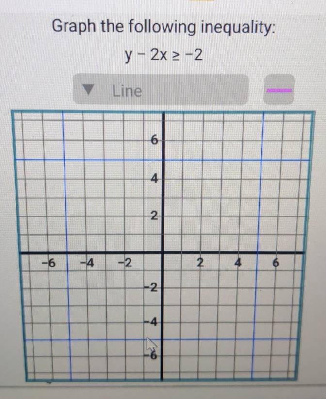 Graph the following inequality:
y-2x≥ -2
Line