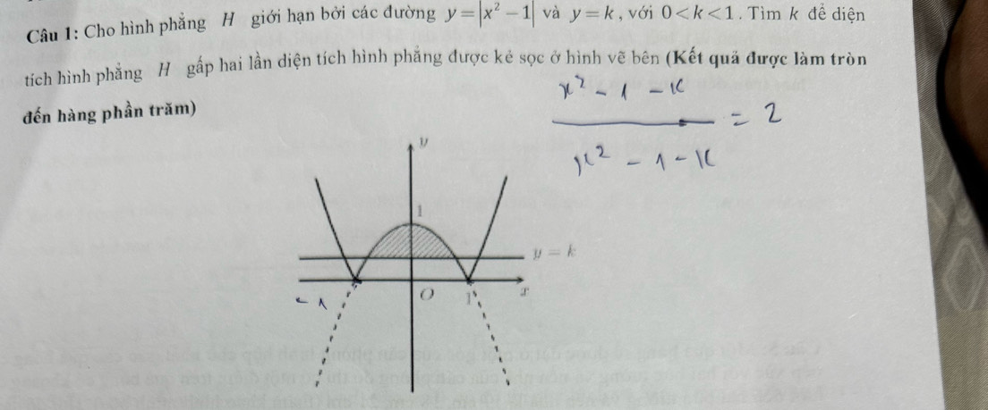 Cho hình phẳng H giới hạn bởi các đường y=|x^2-1| và y=k , với 0 . Tìm k để diện
tích hình phẳng H gấp hai lần diện tích hình phẳng được kẻ sọc ở hình vẽ bên (Kết quả được làm tròn
đến hàng phần trăm)