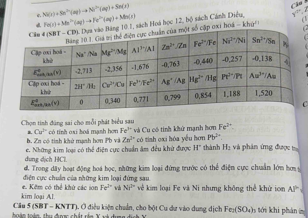 c. Ni(s)+Sn^(2+)(aq)to Ni^(2+)(aq)+Sn(s) Y^(2+),Z
d. Fe(s)+Mn^(2+)(aq)to Fe^(2+)(aq)+Mn(s)
sách Hoá học 12, bộ sách Cánh Diều,
(1
(
hoá - khử''
C

a
C
Chọn tính đúng sai cho mỗi phát biểu sau
a. Cu^(2+) có tính oxi hoá mạnh hơn Fe^(3+) và Cu có tính khử mạnh hơn Fe^(2+).
b. Zn có tính khử mạnh hơn Pb và Zn^(2+) có tính oxi hóa yếu hơn Pb^(2+).
c. Những kim loại có thế điện cực chuẩn âm đều khử được H^+ thành H_2 và phản ứng được tro
dung dịch HCl.
d. Trong dãy hoạt động hoá học, những kim loại đứng trước có thế điện cực chuẩn lớn hơn
điện cực chuẩn của những kim loại đứng sau.
e. Kẽm có thể khử các ion Fe^(2+) và Ni^(2+) về kim loại Fe và Ni nhưng không thể khử ion Al^(3+) R
kim loại Al.
Câu 5(SB T- -KNTT) ). Ở điều kiện chuẩn, cho bột Cu dư vào dung dịch Fe_2(SO_4): tới khi phản ứng
thoàn toàn, thu được chất rắn X và dụng dịch Y