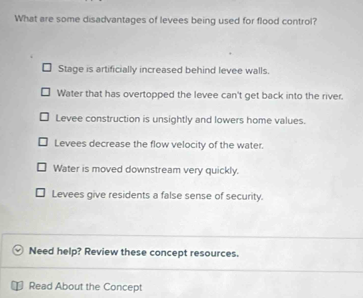 What are some disadvantages of levees being used for flood control?
Stage is artificially increased behind levee walls.
Water that has overtopped the levee can't get back into the river.
Levee construction is unsightly and lowers home values.
Levees decrease the flow velocity of the water.
Water is moved downstream very quickly.
Levees give residents a false sense of security.
Need help? Review these concept resources.
Read About the Concept