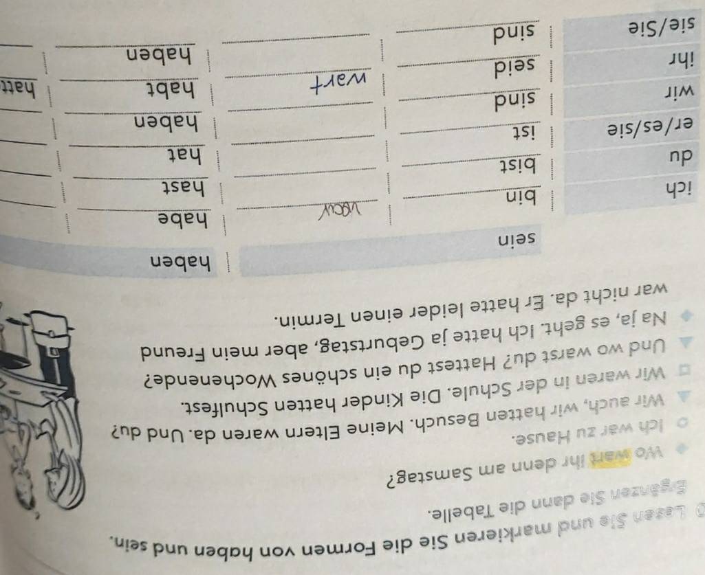Lesen Sie und markieren Sie die Formen von haben und sein. 
Ergänzen Sie dann die Tabelle. 
Wo wart ihr denn am Samstag? 
Ich war zu Hause. 
Wir auch, wir hatten Besuch. Meine Eltern waren da. Und du? 
Wir waren in der Schule. Die Kinder hatten Schulfest. 
Und wo warst du? Hattest du ein schönes Wochenende? 
Na ja, es geht. Ich hatte ja Geburtstag, aber mein Freund 
war nicht da. Er hatte leider einen Termin. 
haben 
sein 
_ 
habe_ 
ich bin 
_ 
hast_ 
_ 
_ 
du bist_ 
_ 
_ 
hat_ 
_ 
_ 
_ 
_ 
er/es/sie ist_ 
haben 
wir sind_ 
wart 
habt __hatt 
_ 
_ 
ihr seid_ 
haben 
sie/Sie sind_