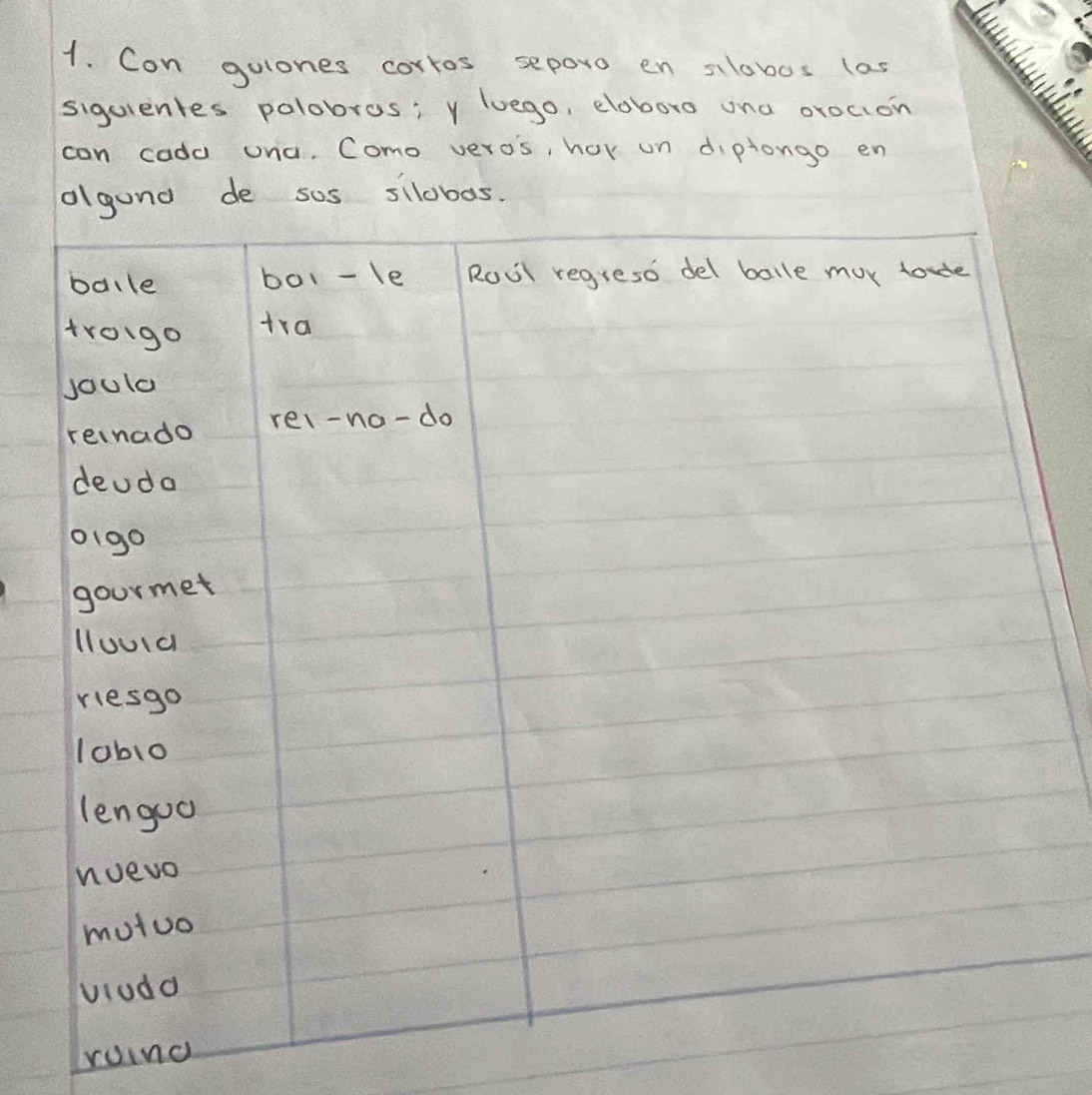 Con gulones corros seporo en slobos las 
siguientes polobros; y luego, eloboro ona orocion 
can cadd una, Como veros, hor un dipiongo en 
de sos sllobas. 
roind