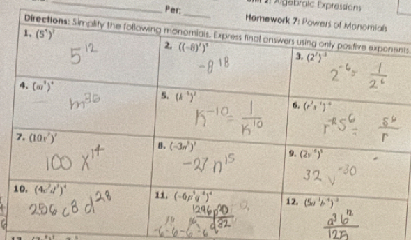 Solved: 1: Algebraic Expressions Per:_ nts. [Math]