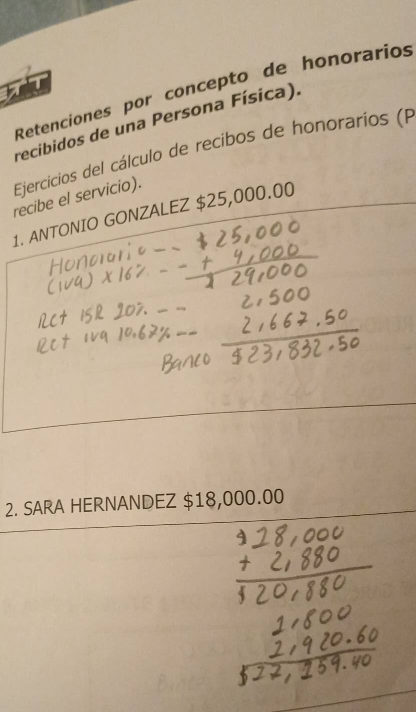 Retenciones por concepto de honorarios 
recibidos de una Persona Física). 
Ejercicios del cálculo de recibos de honoraríos (P 
recibe el servicio). 
1. ANTONIO GONZALEZ $25,000.00
2. SARA HERNANDEZ $18,000.00