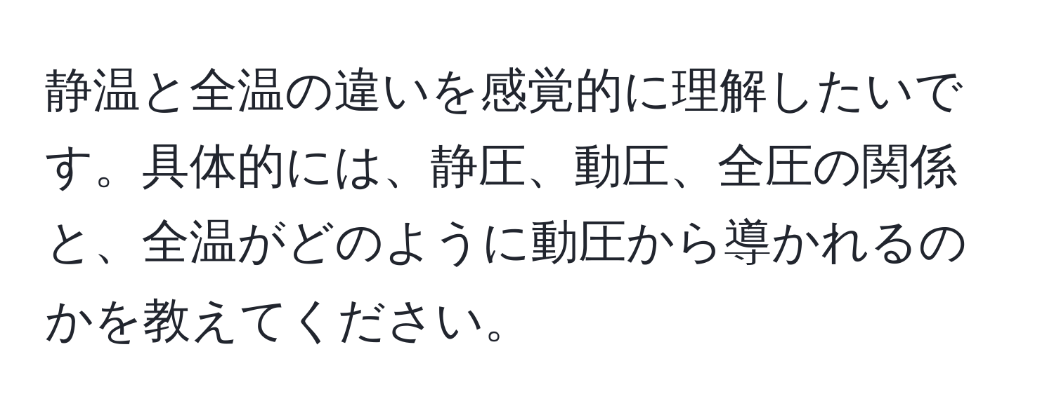 静温と全温の違いを感覚的に理解したいです。具体的には、静圧、動圧、全圧の関係と、全温がどのように動圧から導かれるのかを教えてください。