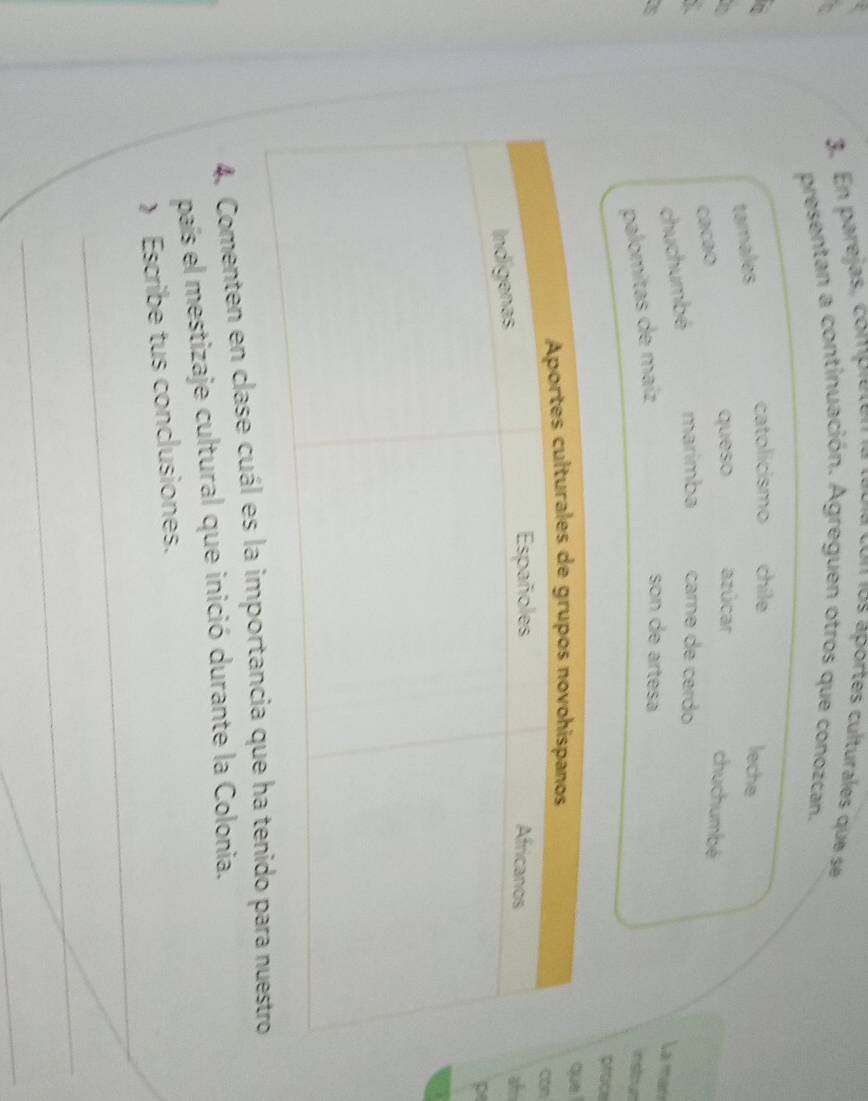 En parejas, compiétón coI los áportes culturales que se 
a presentan a continuación. Agreguen otros que conozcan. 
catolicismo chile 
tamales 
leche 
queso azúcar 
cacao 
chuchumbé 
chuchumbé marimba carne de cerdo 
palomitas de maíz 
son de artesa 
La mar 
instour 
ce 
e 
an 
p 
4. Comenten en clase cuál es la importancia que h 
país el mestizaje cultural que inició durante la Colonia. 
_ 
) Escribe tus conclusiones. 
_ 
_