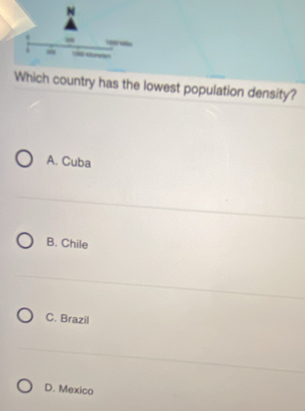 Which country has the lowest population density?
A. Cuba
B. Chile
C. Brazil
D. Mexico