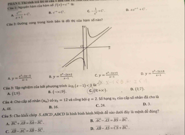 PHàN I. Thí sinh trả lời từ cầu 1 đến tau
Câu 1: Nguyên hàm của hàm số f(x)=e^(-x) là:
A.  (e^(x-1))/x+1 +C. B. c^(to)+C. C. - 1/e^x +C. D. xe^(r-1)+C. 
Câu 2: Đường cong trong hình bên là đồ thị của hàm số nào?
A. y= (x^2-2x-5)/x-1 . B. y= (x^2-2x+2)/x-1 . C. y= (x^2-2x+5)/x-1 . D. y= (x^2-5x+4)/x-1 . 
Câu 3: Tập nghiệm của bất phương trình log _2(x-1)<3</tex> là:
A. (1;9). B. (-∈fty ;9). C. (9,+∈fty ). D. (1;7). 
Câu 4: Cho cấp số nhân (u_n) có u_3=12 và công bội q=2 , Số hạng u_5 của cấp số nhân đã cho là
A. 48. B. 16. C. 24. D. 3.
Câu 5: Cho khổi chóp S. ABCD , ABCD là hình bình hành.Mệnh đề nào dưới đây là mệnh đề đúng?
A. overline BC+overline AB=overline SA-overline SC.
B. overline AC-overline AS=overline BS-overline BC.
C. vector AB-vector AC=vector SB-vector SC.
D. vector AB-vector AS=vector CS+vector BC.