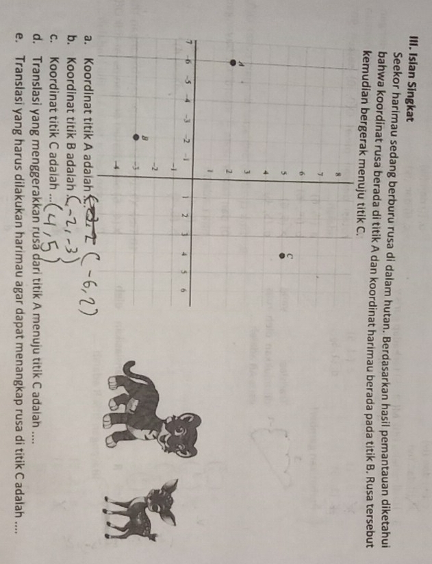 Isian Singkat 
Seekor harimau sedang berburu rusa di dalam hutan. Berdasarkan hasil pemantauan diketahui 
bahwa koordinat rusa berada di titik A dan koordinat harimau berada pada titik B. Rusa tersebut 
kemudian bergerak menuju titik C. 
a. Koordinat titik A adaiah 
b. Koordinat titik B adalah 
c. Koordinat titik C adaiah 
d. Translasi yang menggerakkan rusa dari titik A menuju titik C adalah .... 
e. Translasi yang harus dilakukan harimau agar dapat menangkap rusa di titik C adalah ....