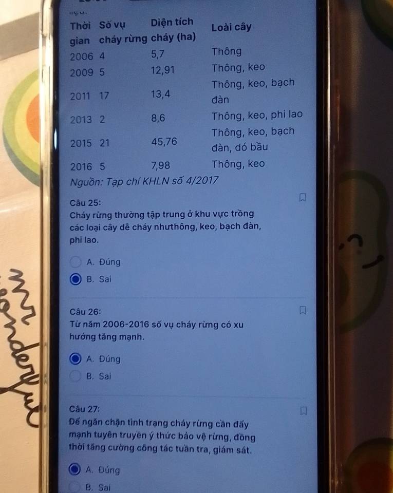 Thời Số vụ Diện tích Loài cây
gian cháy rừng cháy (ha)
2006 4 5, 7 Thông
2009 5 12, 91 Thông, keo
Thông, keo, bạch
2011 17 13, 4 đàn
2013 2 8, 6 Thông, keo, phi lao
Thông, keo, bạch
2015 21 45, 76 đàn, dó bầu
2016 5 7,98 Thông, keo
Nguồn: Tạp chí KHLN số 4/2017
Câu 25:
Cháy rừng thường tập trung ở khu vực trồng
các loại cây dễ cháy nhưthông, keo, bạch đàn,
phi lao.
A. Đúng
B. Sai
Câu 26:
Từ năm 2006-2016 số vụ cháy rừng có xu
hướng tăng mạnh.
a
A. Đúng
B. Sai
Câu 27:
Đế ngăn chặn tình trạng cháy rừng cần đấy
mạnh tuyên truyền ý thức bảo vệ rừng, đồng
thời tăng cường công tác tuần tra, giám sát.
A. Đúng
B. Sai