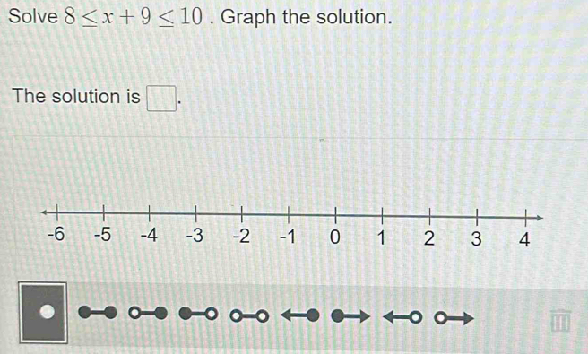 Solve 8≤ x+9≤ 10. Graph the solution. 
The solution is □ .