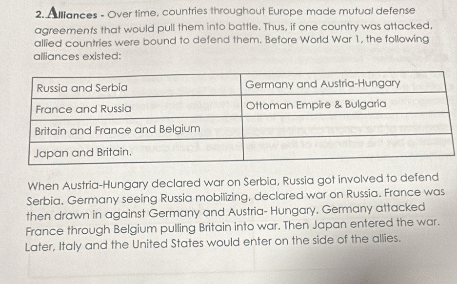 A Iliances - Over time, countries throughout Europe made mutual defense 
agreements that would pull them into battle. Thus, if one country was attacked, 
allied countries were bound to defend them. Before World War 1, the following 
alliances existed: 
When Austria-Hungary declared war on Serbia, Russia got involved to defend 
Serbia. Germany seeing Russia mobilizing, declared war on Russia. France was 
then drawn in against Germany and Austria- Hungary. Germany attacked 
France through Belgium pulling Britain into war. Then Japan entered the war. 
Later, Italy and the United States would enter on the side of the allies.