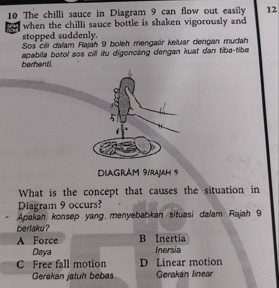 The chilli sauce in Diagram 9 can flow out easily 12
when the chilli sauce bottle is shaken vigorously and 
stopped suddenly.
Sos cili dalam Rajah 9 boleh mengalir keluar dengan mudah
apabila botol sos cili itu digoncàng dengan kuat dan tiba-tiba
berhenti.
DiAGrăm 9/rajaH 9
What is the concept that causes the situation in
Diagram 9 occurs?
Apakah konsep yang menyebabkan situasi dalam Rajah 9
beriaku?
A Force B Inertia
Daya Inersia
C Free fall motion D Linear motion
Gerakan jatuh bebas Gerakan linear