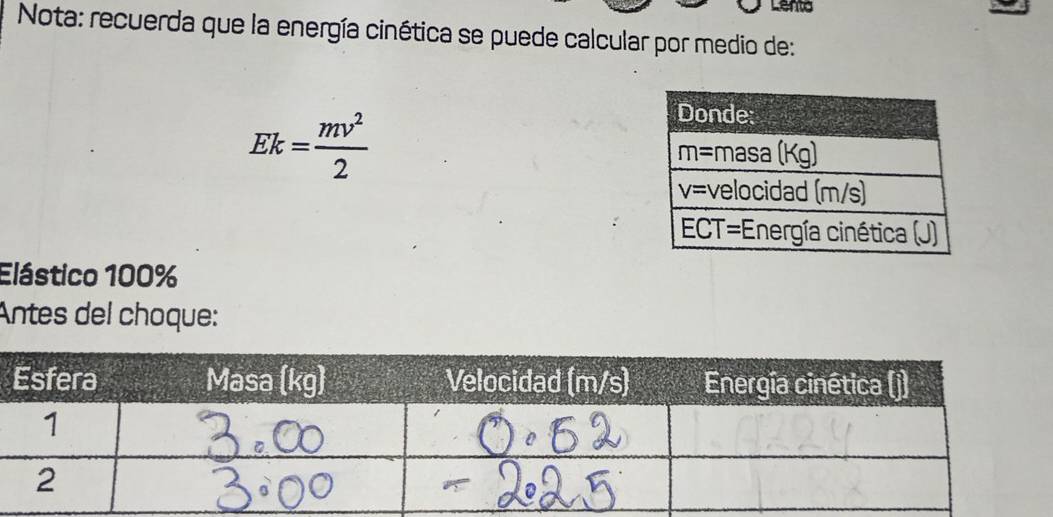 Lento
Nota: recuerda que la energía cinética se puede calcular por medio de:
Ek= mv^2/2 
Elástico 100%
Antes del choque: