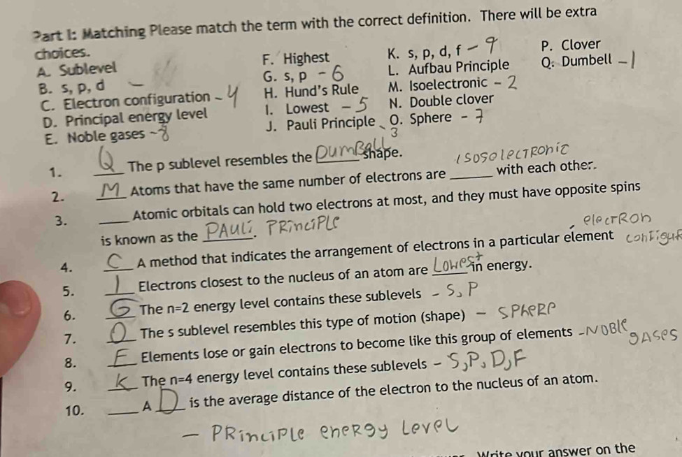 Matching Please match the term with the correct definition. There will be extra
choices. K. s, p, d, f P. Clover
A. Sublevel F. Highest
B. s, p, d L. Aufbau Principle Q. Dumbell
G. s, p
C. Electron configuration H. Hund's Rule M. Isoelectronic
D. Principal energy level 1. Lowest N. Double clover
E. Noble gases J. Pauli Principle O. Sphere
3
1. _The p sublevel resembles the _shape.
2. _Atoms that have the same number of electrons are _with each other.
3. _Atomic orbitals can hold two electrons at most, and they must have opposite spins
is known as the
4. _A method that indicates the arrangement of electrons in a particular element
5. _Electrons closest to the nucleus of an atom are in energy.
6. The n=2 energy level contains these sublevels
7. __The s sublevel resembles this type of motion (shape)
8. Elements lose or gain electrons to become like this group of elements
9. __The n=4 energy level contains these sublevels
10. _A _is the average distance of the electron to the nucleus of an atom.
rite your answer on the