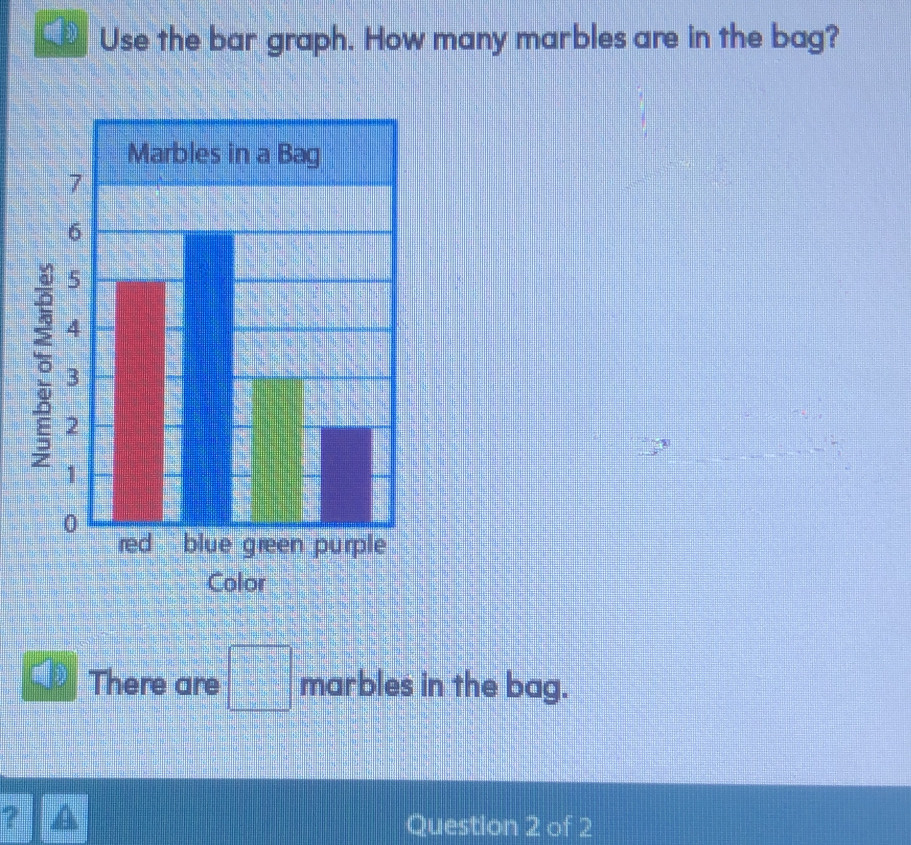 Solved: Use the bar graph. How many marbles are in the bag? Color There ...