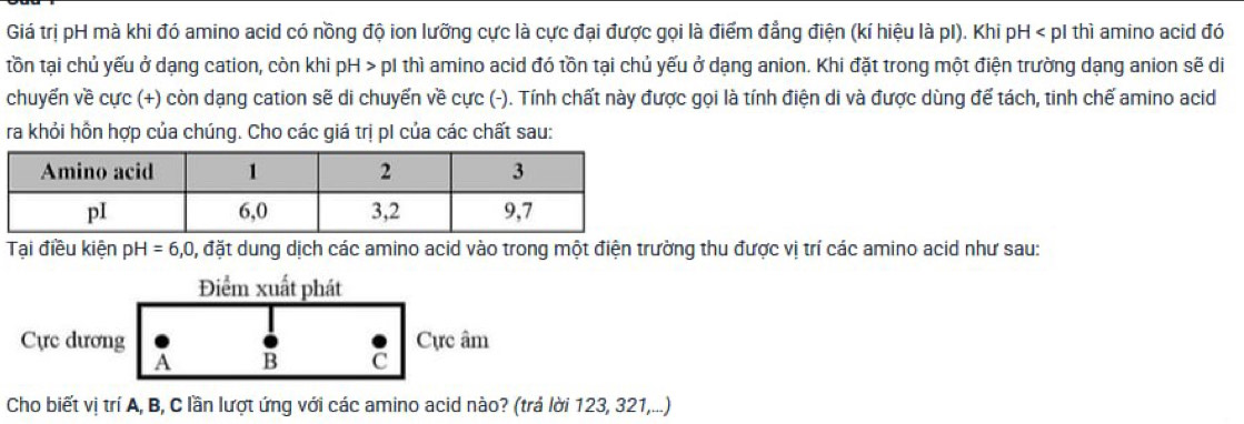 Giá trị pH mà khi đó amino acid có nồng độ ion lưỡng cực là cực đại được gọi là điểm đẳng điện (kí hiệu là pI). Khi pH < p1 thì amino acid đó
tồn tại chủ yếu ở dạng cation, còn khi pH > p1 thì amino acid đó tồn tại chủ yếu ở dạng anion. Khi đặt trong một điện trường dạng anion sẽ di
chuyến về cực (+) còn dạng cation sẽ di chuyển về cực (-). Tính chất này được gọi là tính điện di và được dùng để tách, tinh chế amino acid
ra khỏi hồn hợp của chúng. Cho các giá trị pI của các chất sau:
Tại điều kiện ph -1 =6,0, , đặt dung dịch các amino acid vào trong một điện trường thu được vị trí các amino acid như sau:
Điểm xuất phát
Cực dương Cực âm
A B C
Cho biết vị trí A, B, C lần lượt ứng với các amino acid nào? (trả lời 123, 321,...)